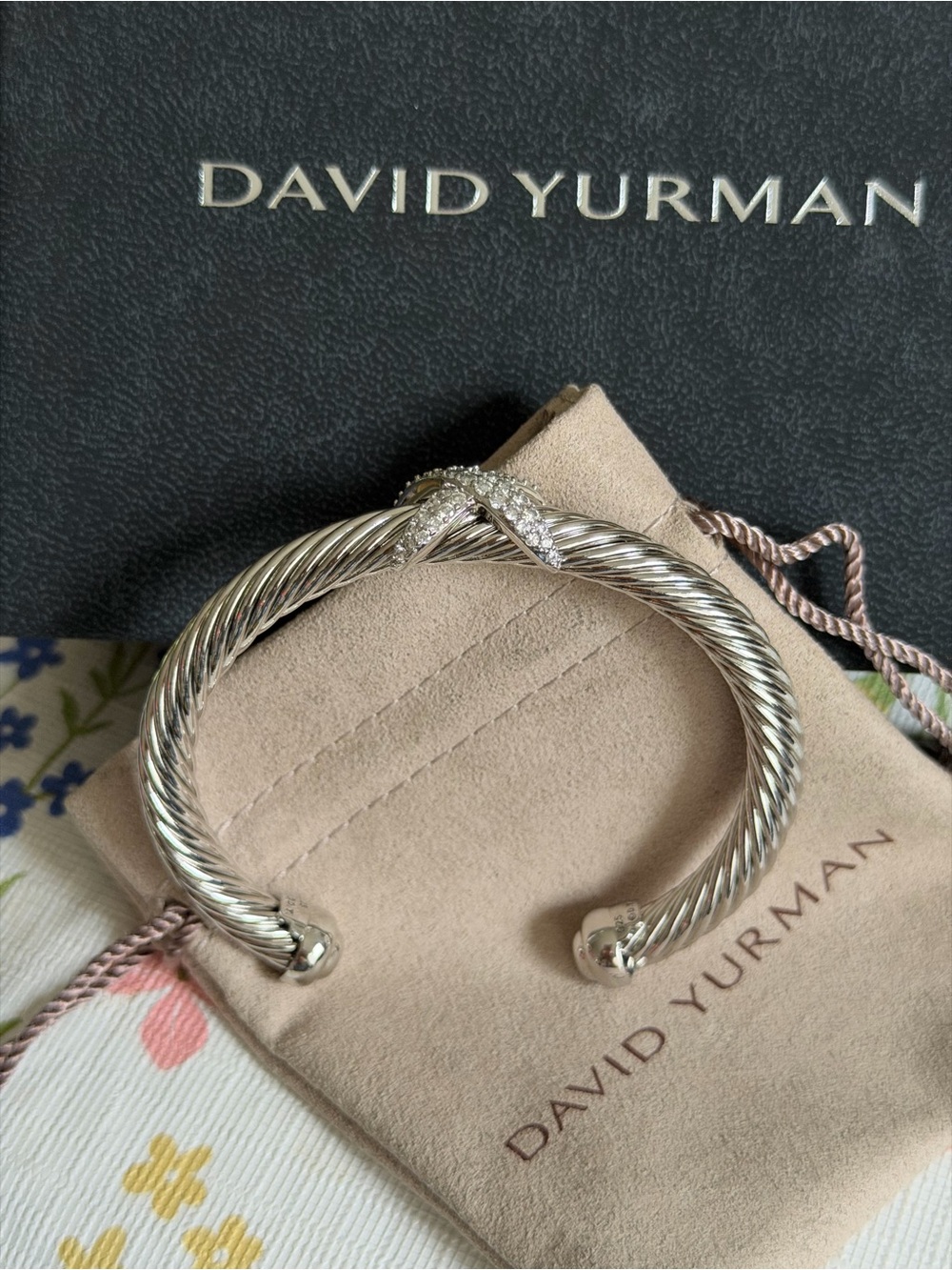 David Yurman Silver Cable X Bracelet with Pavé Diamonds marked DY 925 - Picture 7 of 11